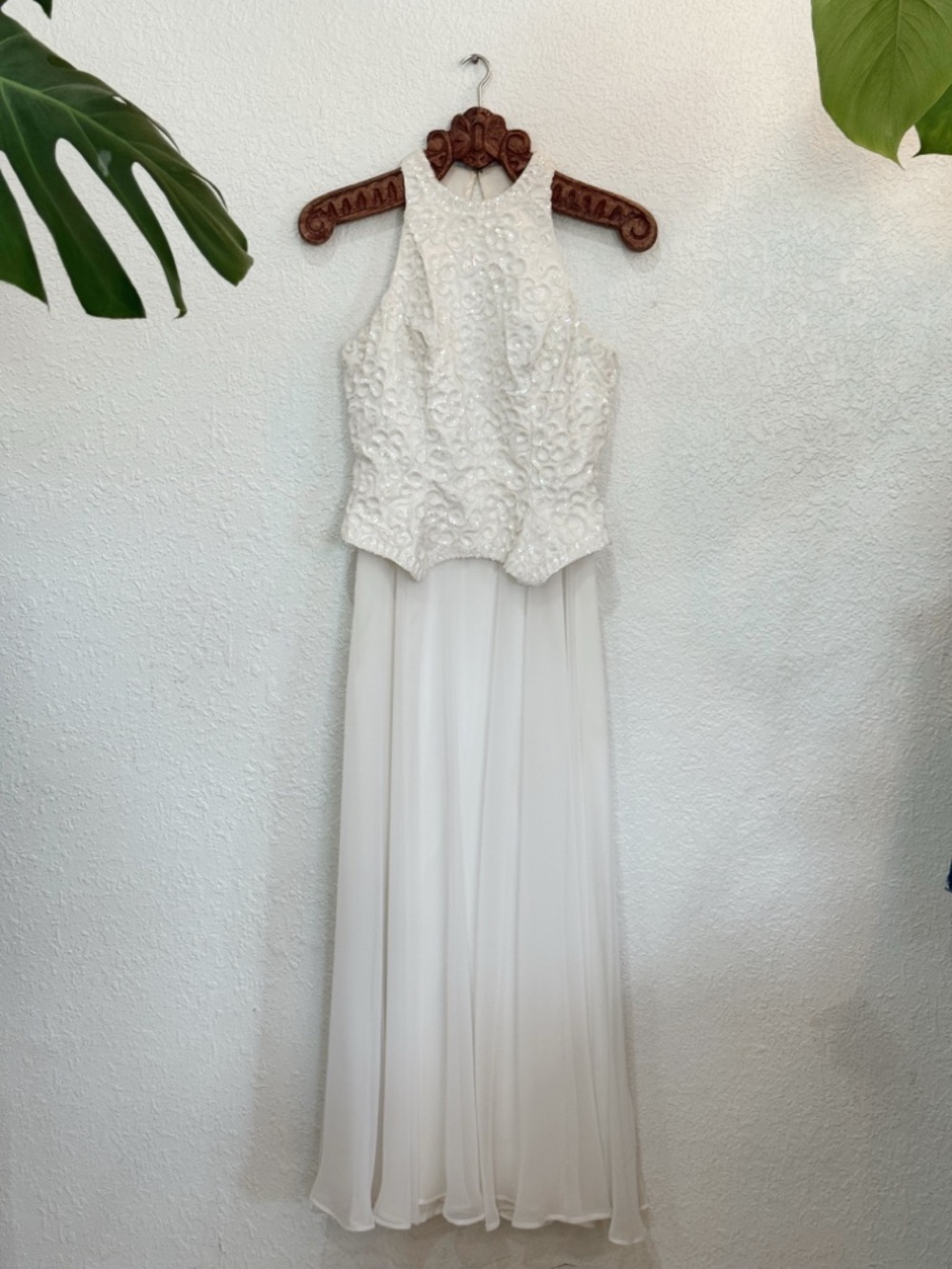 Vintage 90s Ivory Sequin Lace Wedding Dress Midi High Neck Bridal Size 8
